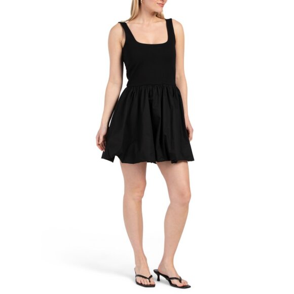 CAMILA COELHO Black Square Neck Mix Media Bubble Hem Mini Dress - Picture 1 of 2